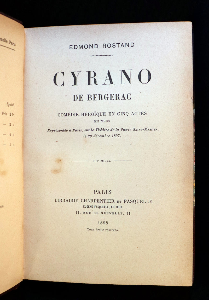 1898 Rare French Book - Cyrano de Bergerac by Edmond Rostand. First Edition, early printing.