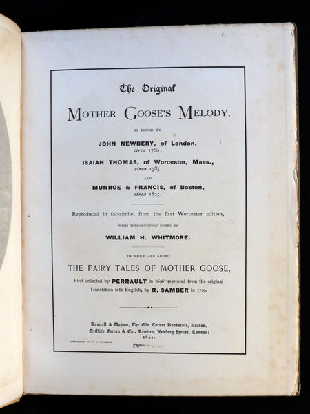 1892 Scarce Book - The Original MOTHER GOOSE's Melody & FAIRY TALES reproduced in Fac-simile.