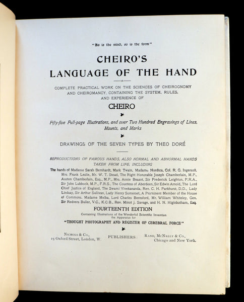1900 Rare PALMISTRY Book - CHEIRO'S LANGUAGE OF THE HAND with reproductions of Famous Hands.