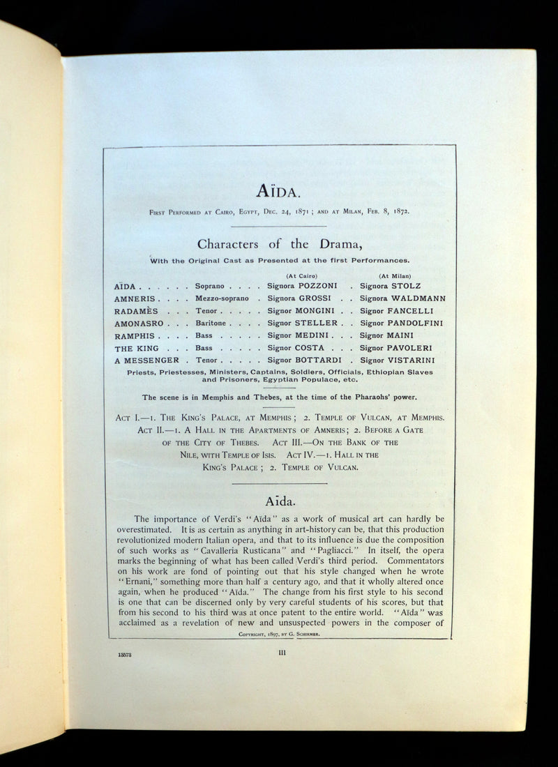 1897 Rare Victorian edition of VERDI's AÏDA Opera in Four Acts - Music scores and Libretto.