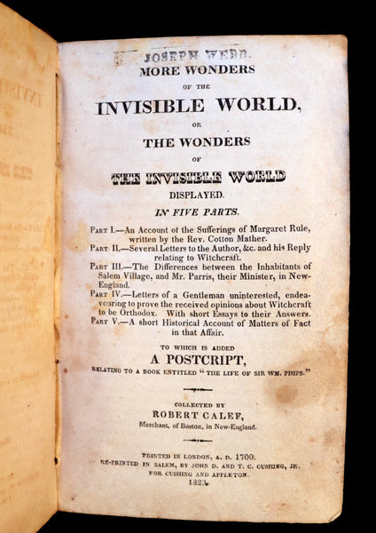1823 Scarce Book - SALEM WITCHCRAFT - Wonders of the Invisible World by Robert Calef.