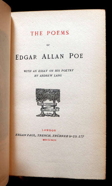 1892 Rare Book - The POEMS Of EDGAR ALLAN POE with An Essay on His Poetry by ANDREW LANG.