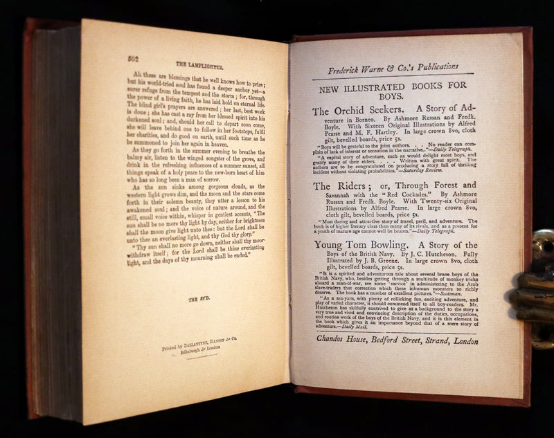 1890 Rare Victorian Book - The LAMPLIGHTER by Maria Susanna Cummins.