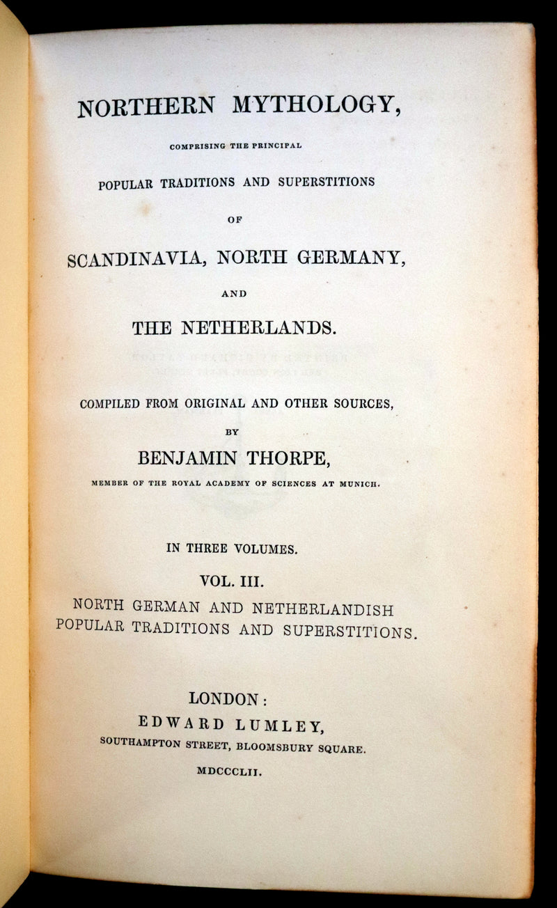 1851 Scarce First Edition set bound by Bayntun - Northern Mythology. Superstitions Of Scandinavia, North Germany, And The Netherlands.