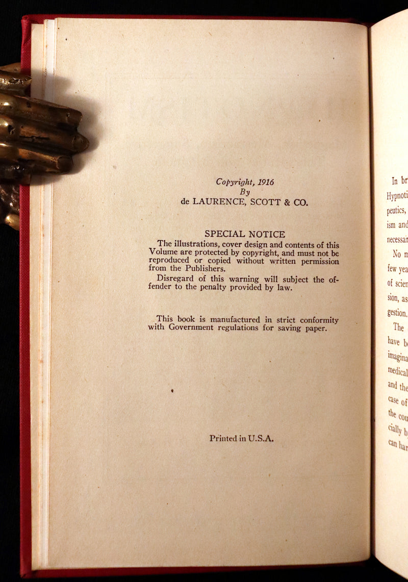 1916 Scarce Book - HYPNOTISM, Magnetism, Mesmerism & Magnetic Healing by de Laurence.