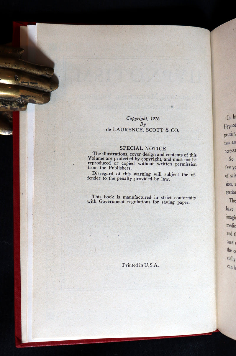 1916 Scarce Book - HYPNOTISM, Magnetism, Mesmerism & Magnetic Healing by L.W. de Laurence.