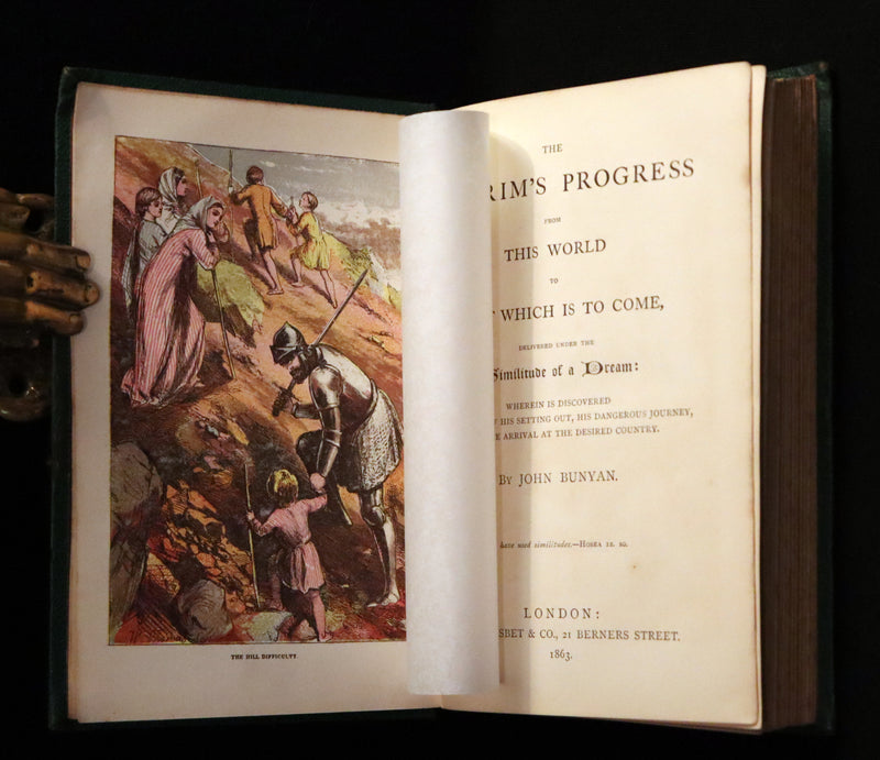 1863 Rare Victorian Book - The Pilgrim's Progress by John Bunyan. Color illustrated.