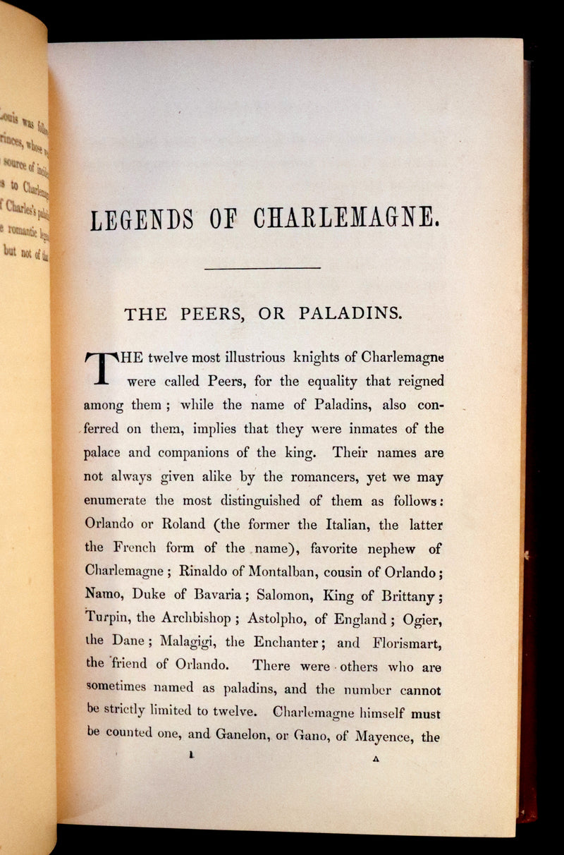 1862 Rare First Edition - Legends of CHARLEMAGNE or Romance of the Middle Ages by Thomas Bulfinch.