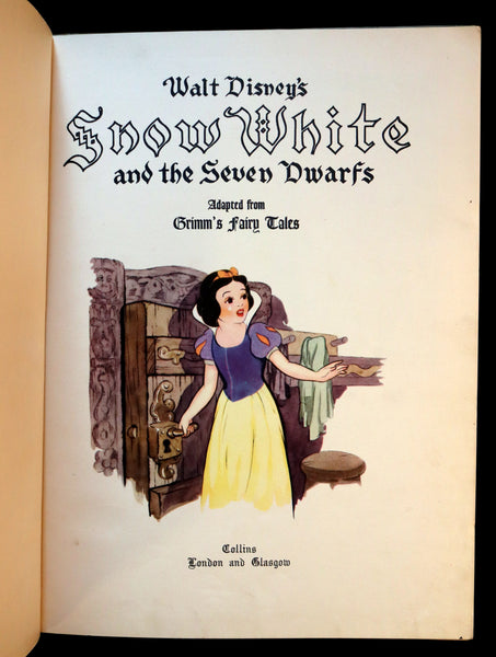 1938 Rare First UK Edition - Walt Disney SNOW WHITE and the Seven Dwarfs. Adapted from Grimm's Fairy Tales.