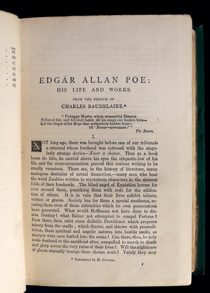 1872 Scarce Book - WORKS OF EDGAR ALLAN POE. First Edition with a Study on his Life & Writings by CHARLES BAUDELAIRE.
