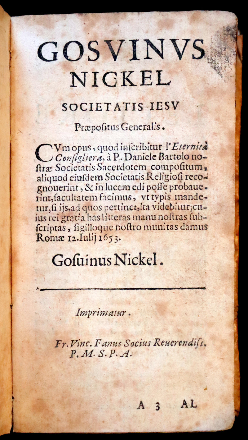 1664 Scarce Italian Vellum Book - Jesuit Daniello Bartoli - L’Eternita Consigliera (Eternity as Counselor).