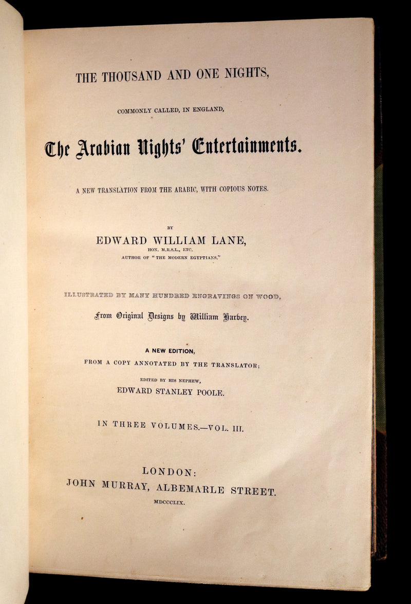 1859 Rare Book set - The Thousand & One Nights, ARABIAN NIGHTS by Edward William Lane.