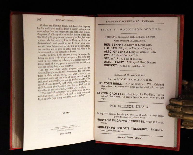 1887 Rare Victorian Book - The LAMPLIGHTER by Maria Susanna Cummins.