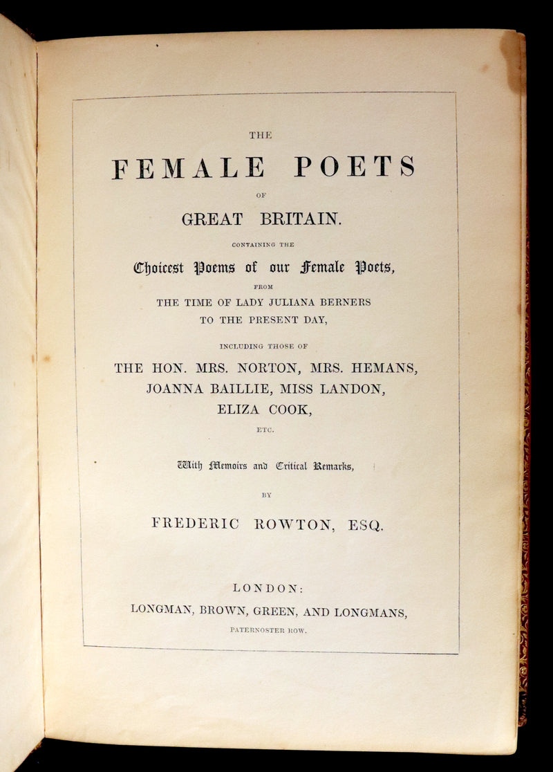 1854 Rare Book bound by Weemys - The Female Poets of Great Britain.