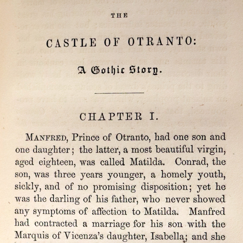 1854 Scarce First US Edition - The Castle of Otranto, a Gothic Story Set in a haunted castle by Horace Walpole.