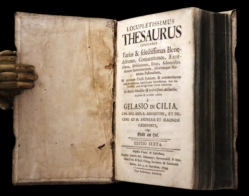 1744 Rare Latin Book in a beautiful vellum binding - EXORCISM & Benediction Manual - Locupletissimus Thesaurus continens Benedictiones, Conjurationes, Exorcismos, Absolutiones, ...
