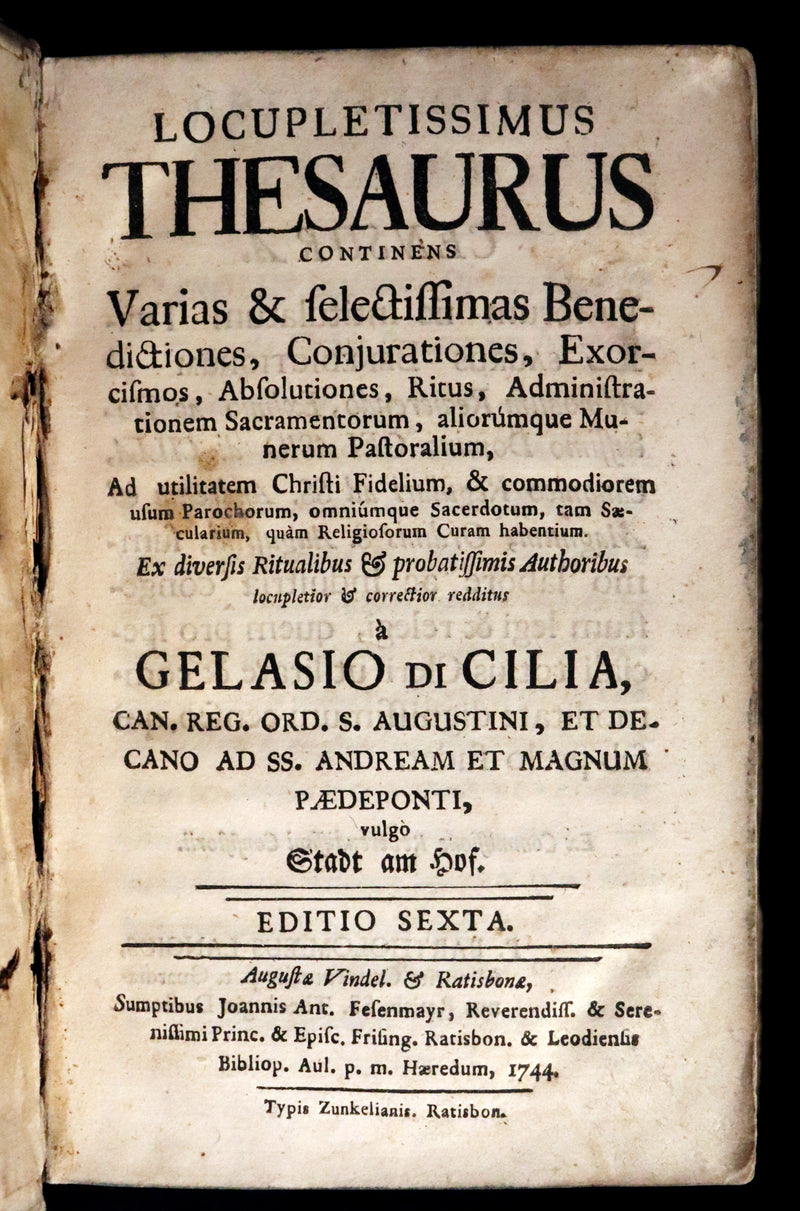 1744 Rare Latin Book in a beautiful vellum binding - EXORCISM & Benediction Manual - Locupletissimus Thesaurus continens Benedictiones, Conjurationes, Exorcismos, Absolutiones, ...