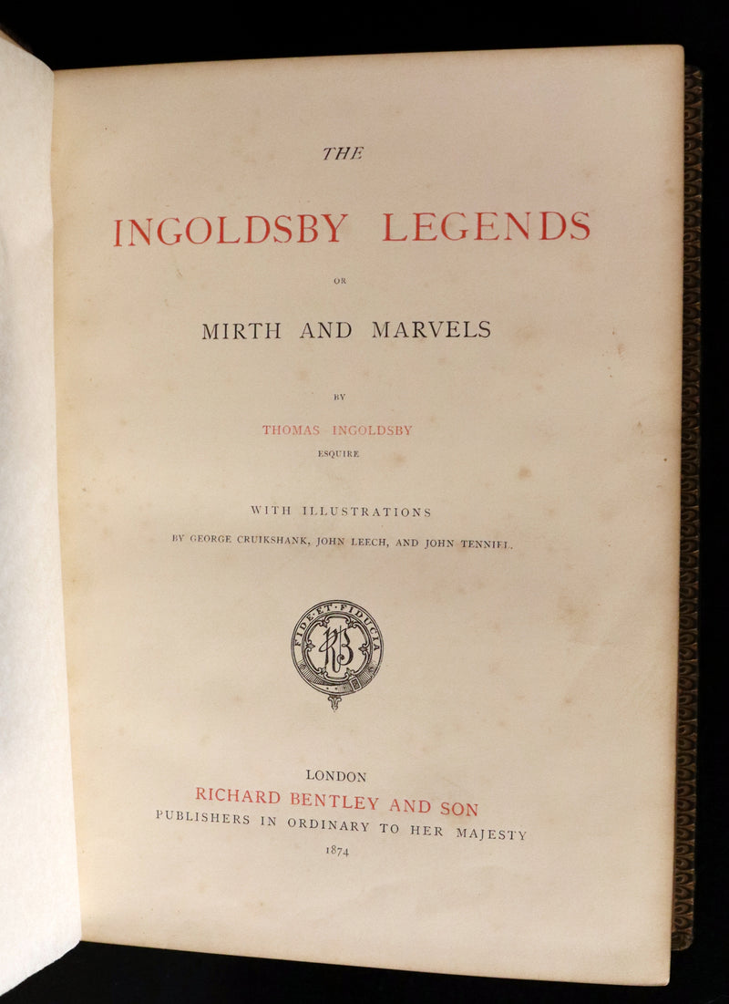 1874 Beautiful Morocco Binding - INGOLDSBY LEGENDS Illustrated by Cruikshank, Leech and Tenniel.