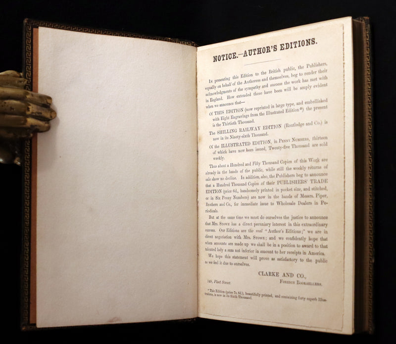 1852 Rare Early Edition in Morocco binding ~ Uncle Tom's Cabin by Harriet Beecher Stowe. Illustrated.