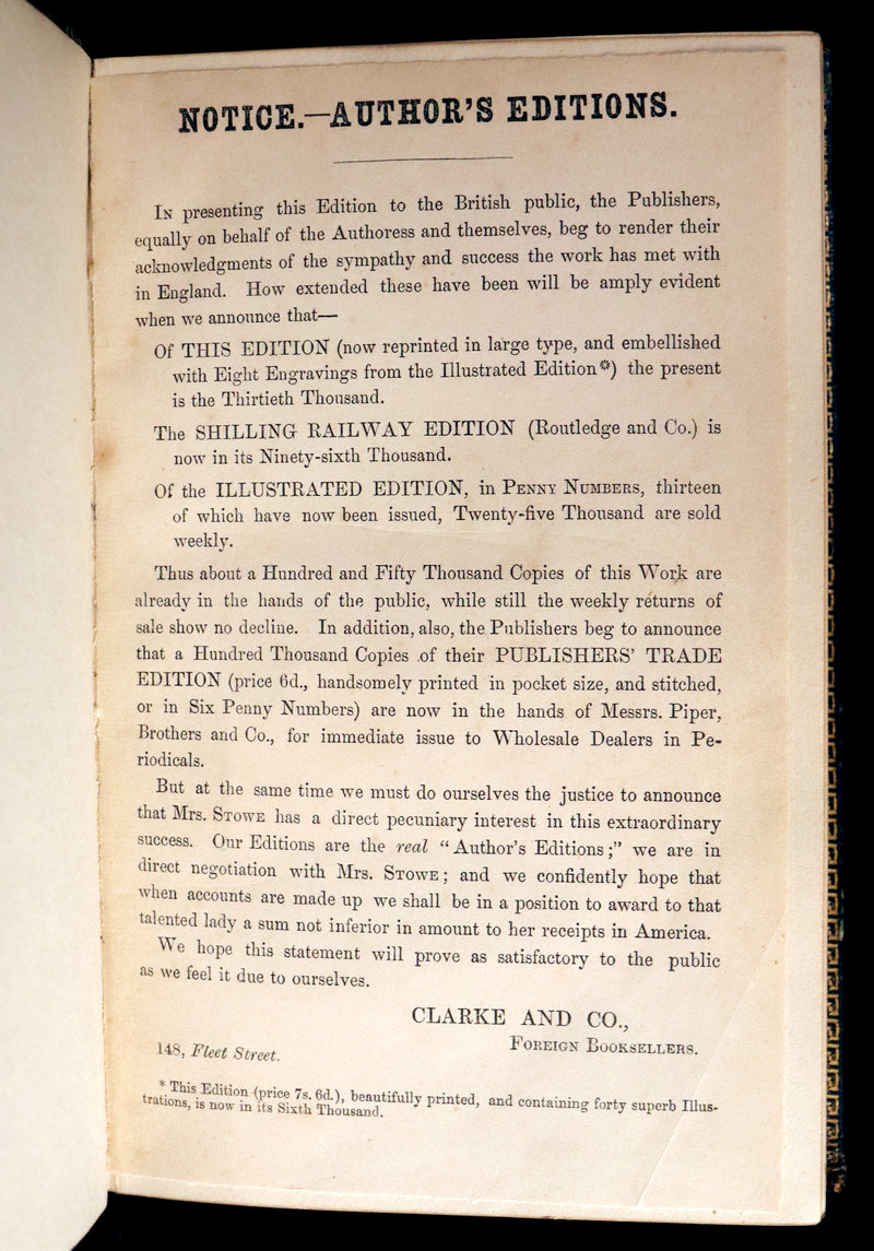 1852 Rare Early Edition in Morocco binding ~ Uncle Tom's Cabin by Harriet Beecher Stowe. Illustrated.
