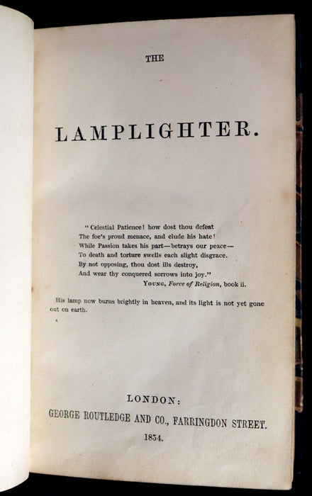 1854 Rare Victorian Book - The LAMPLIGHTER by Maria Susanna Cummins. First Edition.