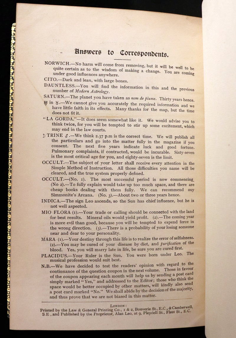 1895 Scarce Book bound by Zaehnsdorf for Asprey - MODERN ASTROLOGY - The Astrologers' Magazine by Alan Leo. Copy of Governor Charles Edison.