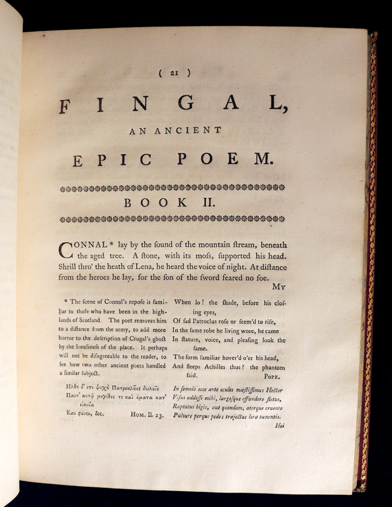1762 Rare Book - FINGAL with Poems by Ossian, Son of Fingal. Translated from Galic by James MacPherson.