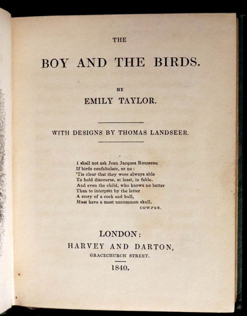 1840 Rare Ornithology book for Children ~ THE BOY AND THE BIRDS by Emily Taylor illustrated by Thomas Landseer.