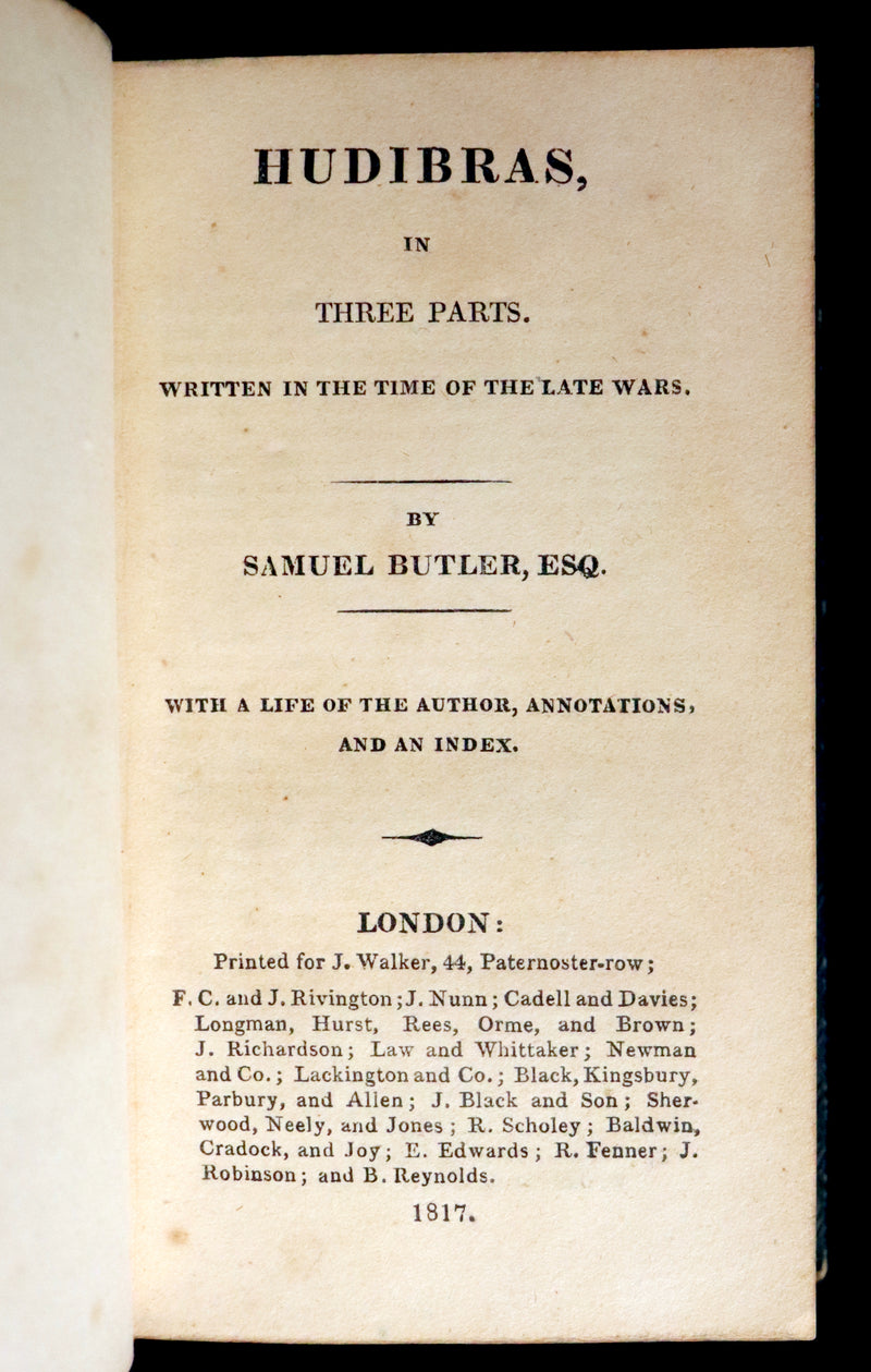 1817 Rare Knightly Adventures Book - HUDIBRAS, in Three Parts, written in the Time of the Late Wars by Samuel Butler.