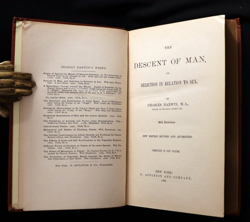 1892 Rare Book - CHARLES DARWIN - The DESCENT OF MAN and Selection in Relation to Sex.