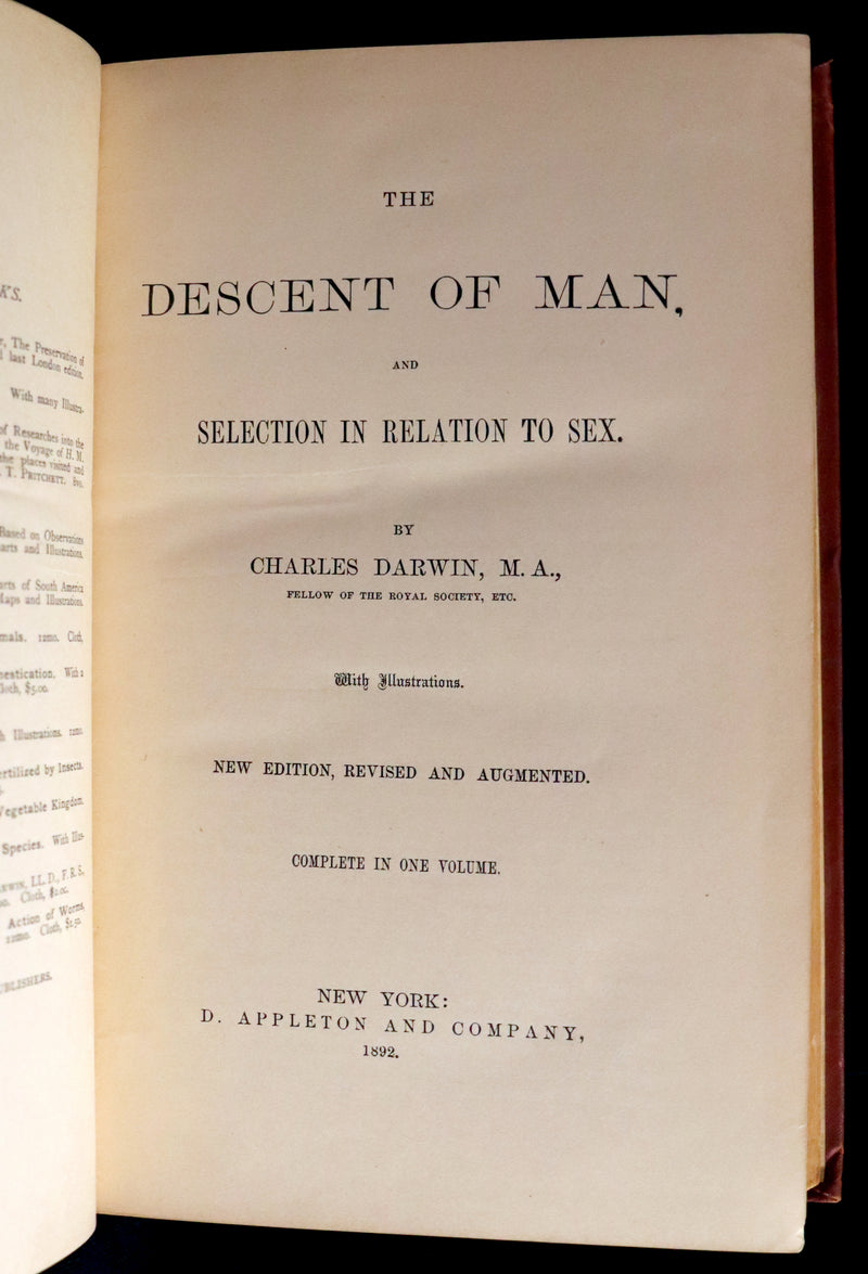 1892 Rare Book - CHARLES DARWIN - The DESCENT OF MAN and Selection in Relation to Sex.