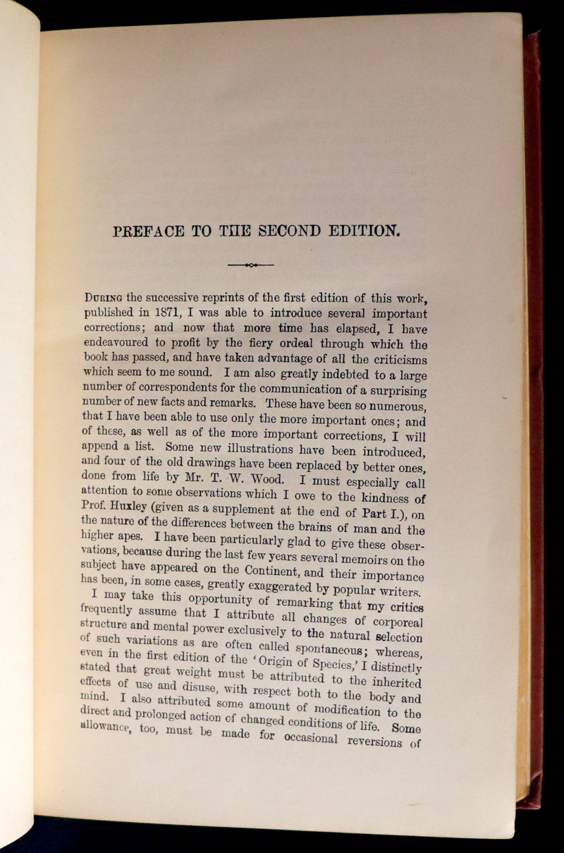 1892 Rare Book - CHARLES DARWIN - The DESCENT OF MAN and Selection in Relation to Sex.