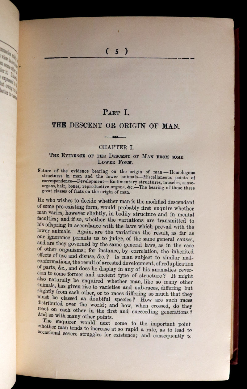1892 Rare Book - CHARLES DARWIN - The DESCENT OF MAN and Selection in Relation to Sex.