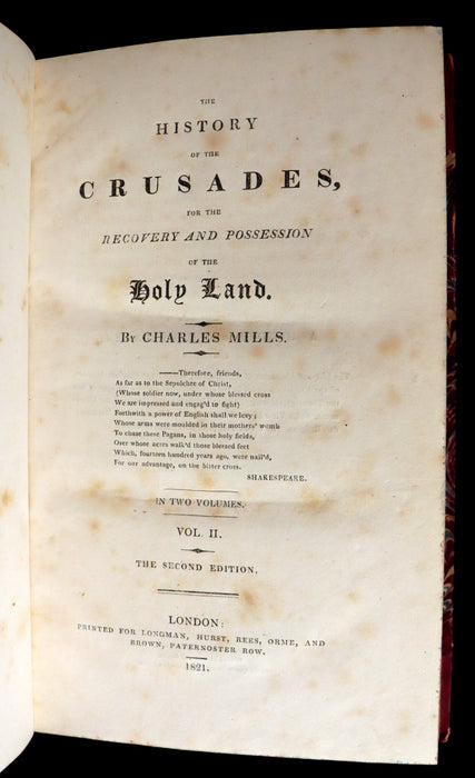 1821 Rare Book Set - The HISTORY OF THE CRUSADES for the recovery and possession of the Holy Land by Charles Mills.