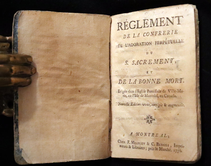 1776 Scarce First Book printed in Montreal - Mesplet Reglement de la Confrerie de l'Adoration Perpetuelle du S. Sacrement et de la Bonne Mort.