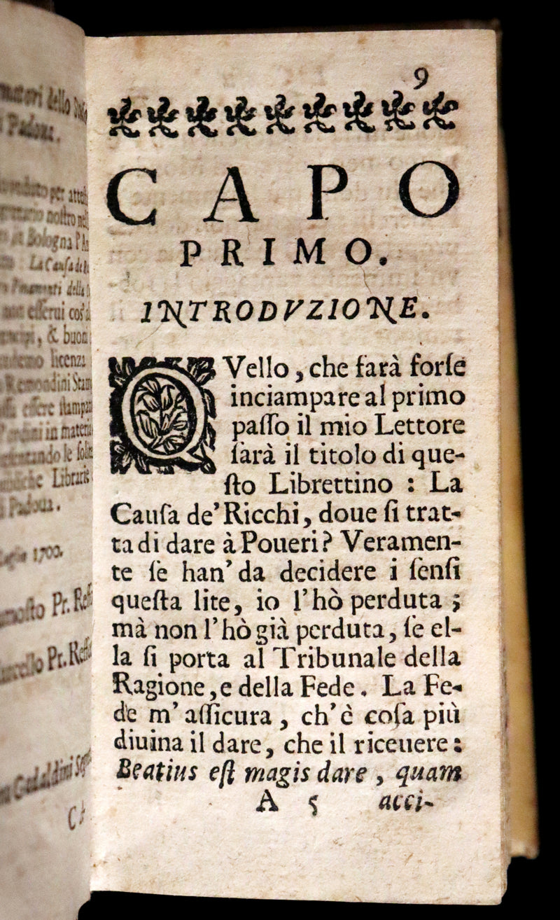 1700 Scarce Italian Vellum Book - La Causa De Ricchi Overo Il Debito by Giovanni Pietro Pinamonti. First Edition.