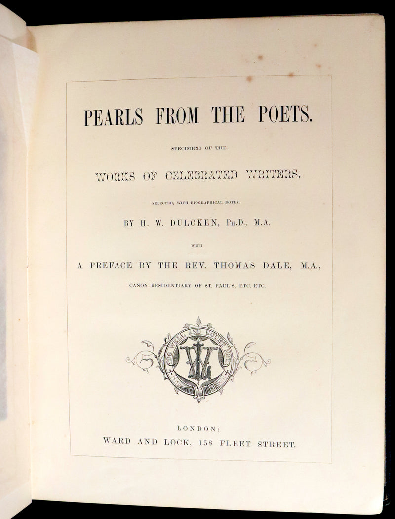 1860 Rare Victorian Book - The Pearls from the Poets, Spenser, Bryant, Wordsworth, Longfellow, Coleridge, Edgar A. Poe, Tennyson, etc. Illustrated.