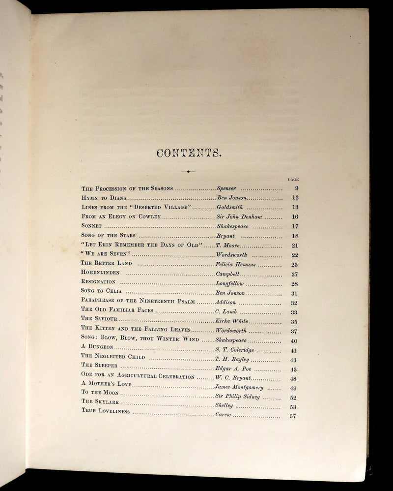 1860 Rare Victorian Book - The Pearls from the Poets, Spenser, Bryant, Wordsworth, Longfellow, Coleridge, Edgar A. Poe, Tennyson, etc. Illustrated.