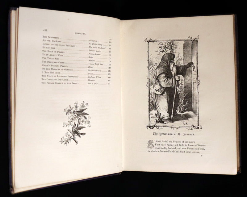 1860 Rare Victorian Book - The Pearls from the Poets, Spenser, Bryant, Wordsworth, Longfellow, Coleridge, Edgar A. Poe, Tennyson, etc. Illustrated.