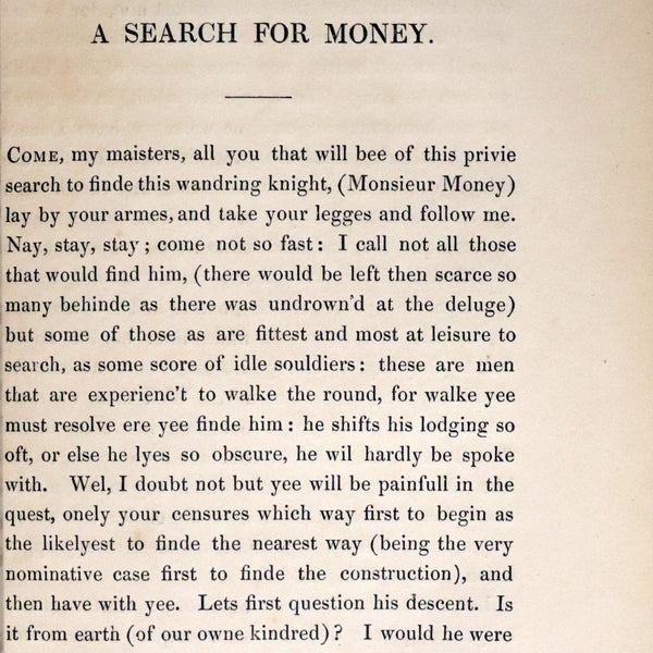 1840 Scarce 1609 Pamphlet - A Search for Money, or, The Lamentable Complaint for the Loss of the Wandering Knight, Monsieur L'Argent by William Rowley.