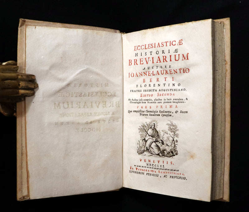 1761 Rare Latin vellum First Edition Book Set -  Ecclesiasticæ Historiæ Breviarium by Italian Augustinian theologian Giovanni Lorenzo Berti.