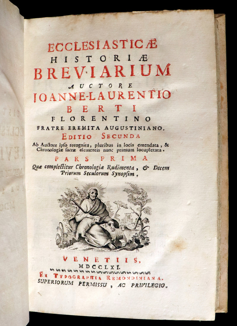 1761 Rare Latin vellum First Edition Book Set -  Ecclesiasticæ Historiæ Breviarium by Italian Augustinian theologian Giovanni Lorenzo Berti.