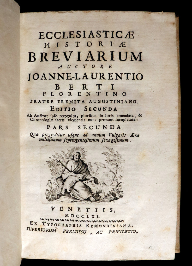 1761 Rare Latin vellum First Edition Book Set -  Ecclesiasticæ Historiæ Breviarium by Italian Augustinian theologian Giovanni Lorenzo Berti.