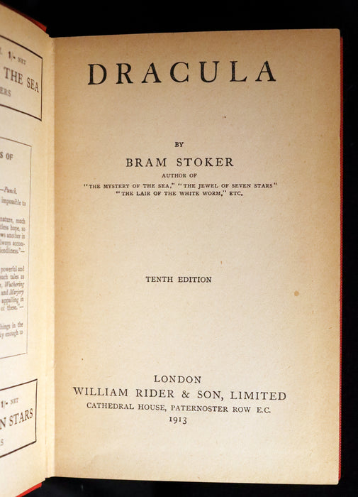 1913 Rare Edition - DRACULA by Bram Stoker, a Gothic Vampire Story.