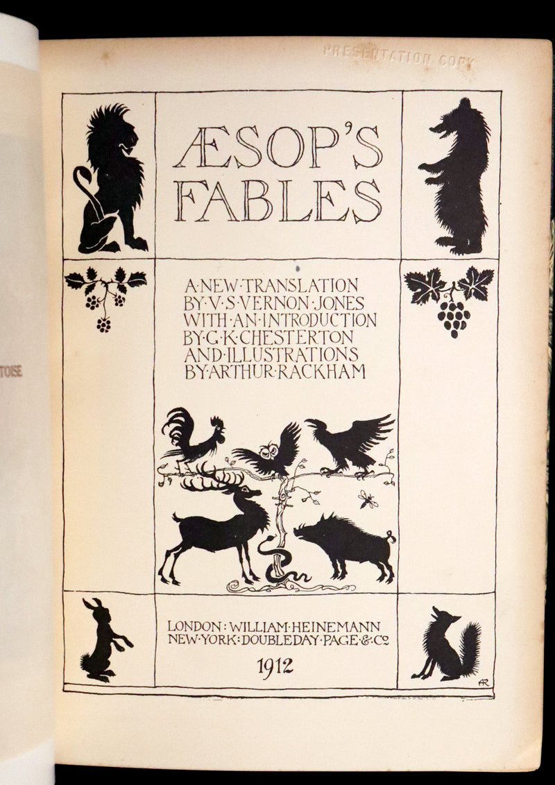 1912 Rare First Edition - AESOP'S FABLES Illustrated by Arthur RACKHAM. Presentation Copy.