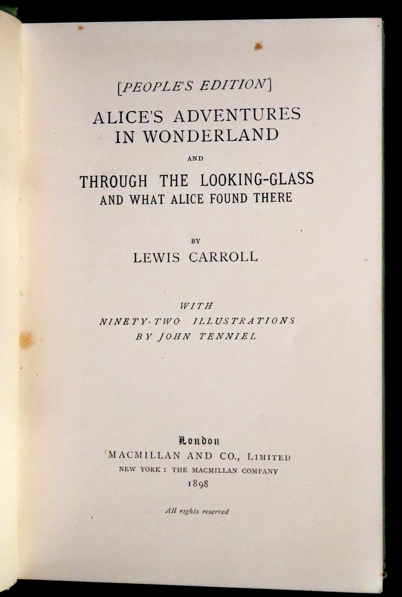 1898 Rare Two volumes in One - Alice's Adventures in Wonderland & Through the Looking Glass by Lewis Carroll.