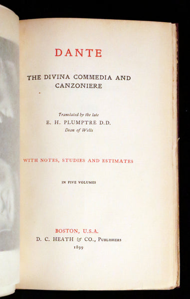 1899 Rare fine Dante book set in Bookcase - The Divina Commedia and Canzoniere translated by Edward Plumptre.