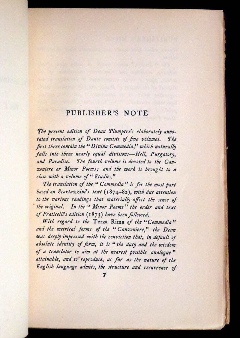 1899 Rare fine Dante book set in Bookcase - The Divina Commedia and Canzoniere translated by Edward Plumptre.
