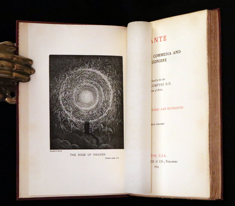 1899 Rare fine Dante book set in Bookcase - The Divina Commedia and Canzoniere translated by Edward Plumptre.
