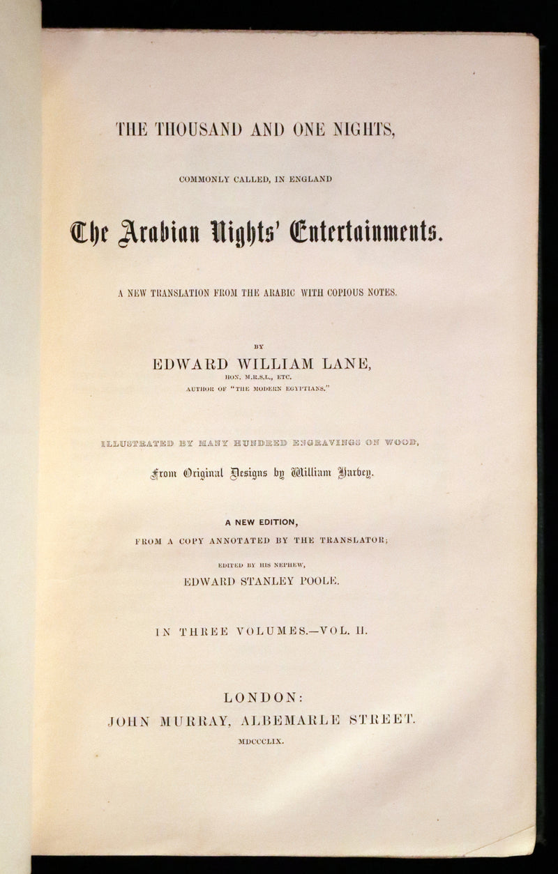 1859 Rare Book Set - The Thousand & One Nights, ARABIAN NIGHTS by Edward William Lane.